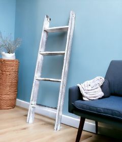 49" Whitewash Rustic Four Step Wood Ladder Shelf