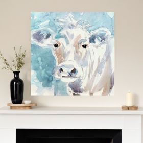 30" x 30" Blue Pastel Watercolor Cow Unframed Canvas Wall Art