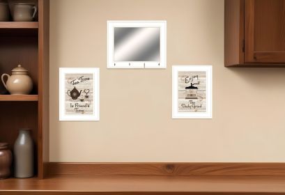 Set Of Three Coffee And Tea White Framed Kitchen Wall Art With Mirror And Hooks