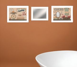 Set Of Three Wash Room White Rim Frame Bathroom Wall Art with Mirror