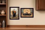 Set Of Two Harvest Moon with A Black Cat and Truck 3 Black Framed Print Kitchen Wall Art