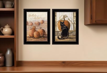 Set Of Two Pumpkins with A Black Cat Black Framed Print Wall Art