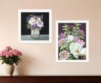 Set Of Two Lilac and Wild Plum Bouquet White Framed Print Wall Art