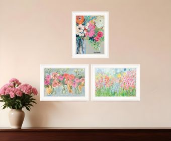 Set Of Three Garden Flowers White Grooved Frame Print Wall Art