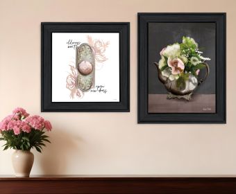 Set Of Two Vintage Floral Tea Pot and Door Knob Black Framed Print Kitchen Wall Art