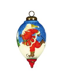 Ice Skating Santa Hand Painted Mouth Blown Glass Ornament