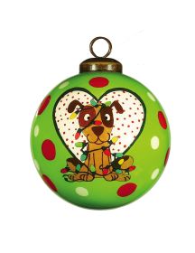 Charming Dog in a Heart Hand Painted Mouth Blown Glass Ornament