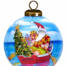 Rowing Santa Express Hand Painted Mouth Blown Glass Ornament