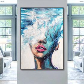 Hand Painted Oil Painting Abstract Portrait Wall Art Hand painted-Nordic Light Blue Girl Oil Paintings On Canvas-Hand Made-For Home Decoration - 50X70