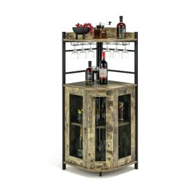 Industrial Corner Bar Cabinet with Glass Holder and Adjustable Shelf - Rustic Brown