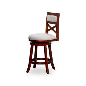 30" Bar Height X-Back Swivel Stool, Cherry Finish, Beige Fabric Seat - as Pic