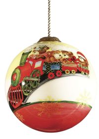 Baby First Christmas Teddy Bear Train Hand Painted Glass Hanging Ornament - 1