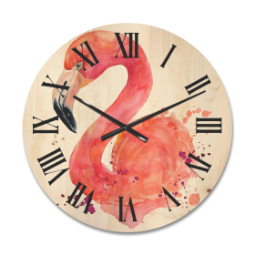 Designart 'Abstract Portrait of Pink Flamingo I' Farmhouse Wood Wall Clock(Size 16" x 16") - Designart