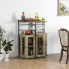 Industrial Corner Bar Cabinet with Glass Holder and Adjustable Shelf - Rustic Brown