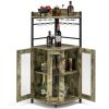 Industrial Corner Bar Cabinet with Glass Holder and Adjustable Shelf - Rustic Brown