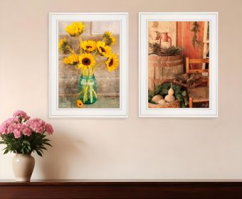 Set Of Two Vintage Country and Sunflowers 1 White Framed Print Wall Art