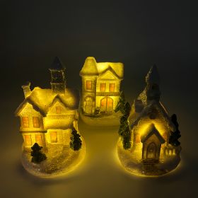 3pcs/set Resin Christmas Scene Village Houses Town With Warm White LED Light Holiday Gifts Xmas Decoration For New Year 2024 (Color: gray)